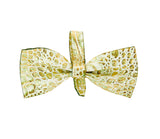 Green and gold embossed crocodile pattern Italian leather bowtie displayed flat.