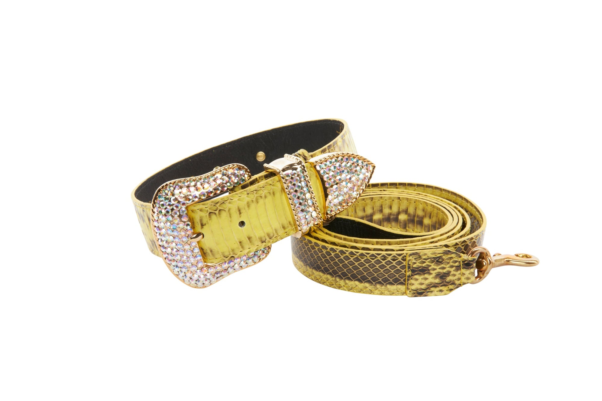 Luxury Pet Fashion Soft Yellow & Black Snakeskin Collar & Leash Set With Our Swarovski Crystal Hardware