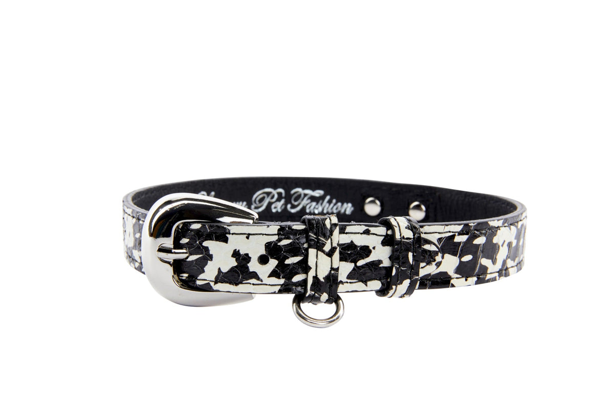 Black and white snake-patterned collar with silver oval buckle and metal D-ring, shown flat against a white background.