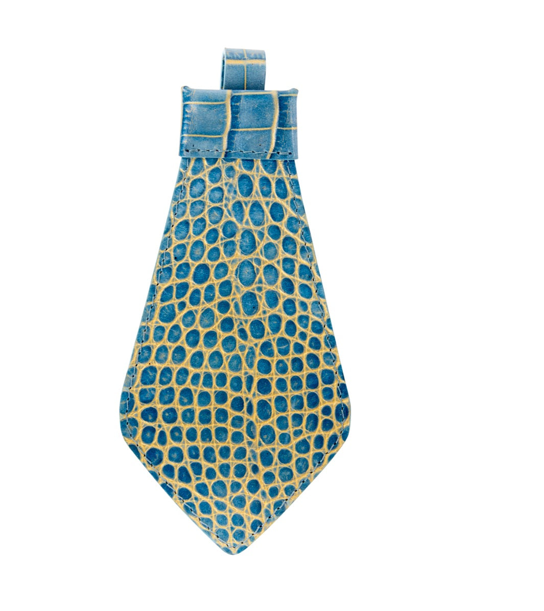 Blue and gold crocodile-embossed Italian leather tie with a textured pattern and a shaped tip, shown flat on a white background.