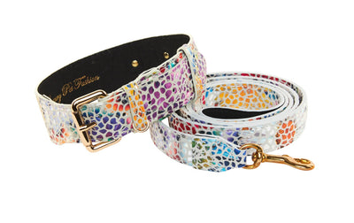White Floral Mosaic Italian Leather Collar & Leash Set With Gold