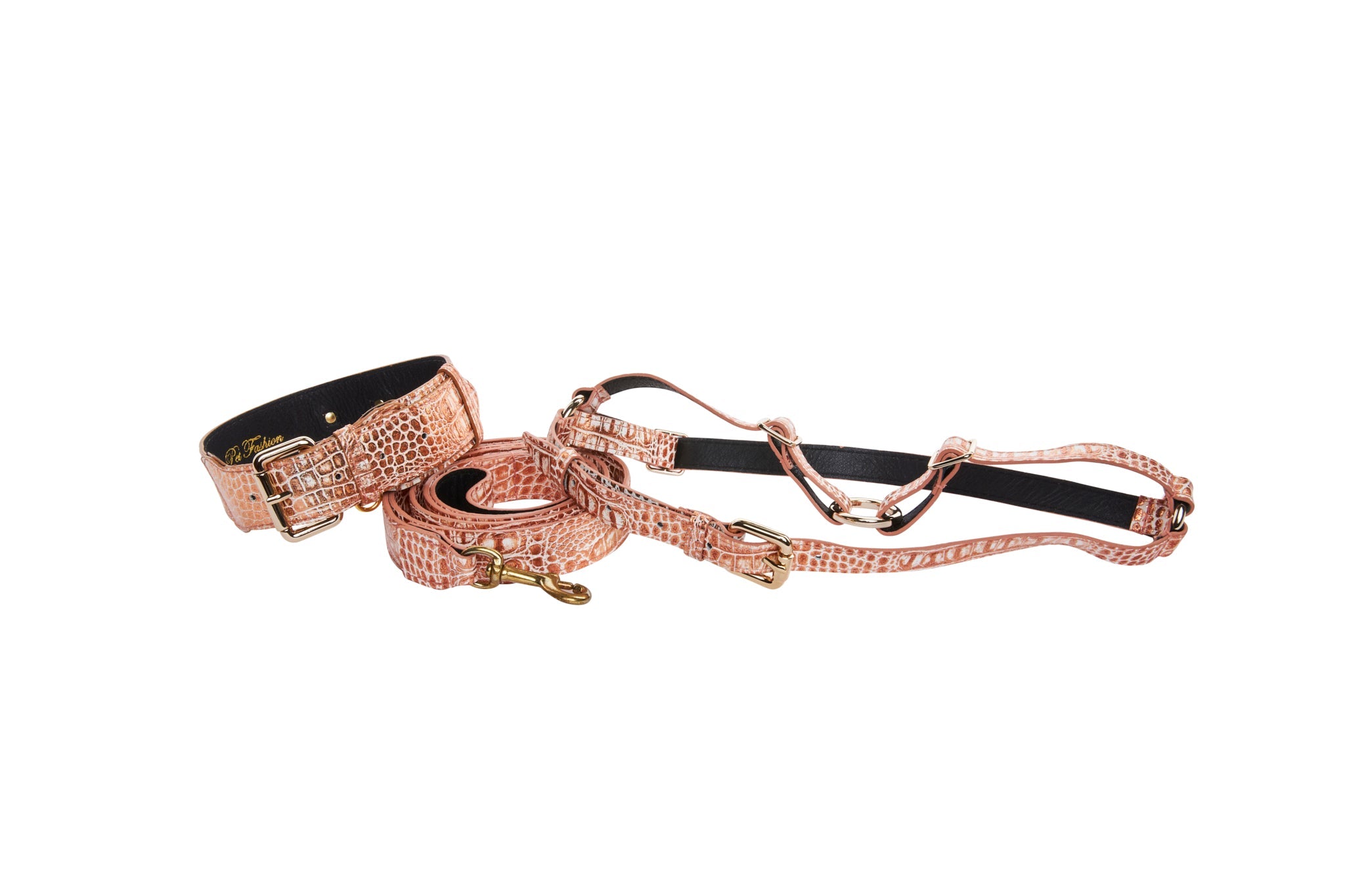 Copper embossed croc Italian leather collar, leash, and harness set for pets