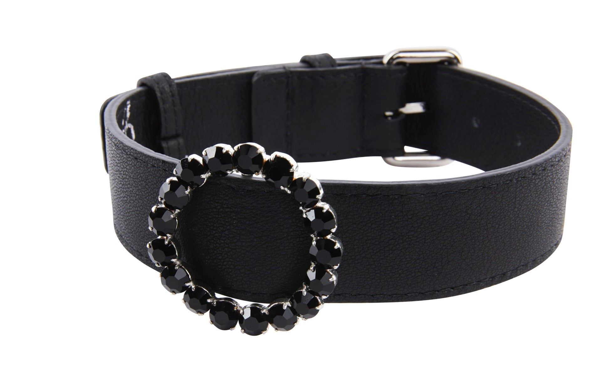 Black Italian Leather Collar With Authentic Crystal Ring/Reversible