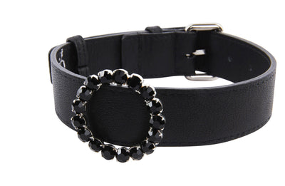 Black Italian Leather Collar With Authentic Crystal Ring/Reversible