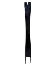 Tall, narrow black metal stand with a rectangular frame and a hook or clip at the top, photographed against a dark background from front view.
