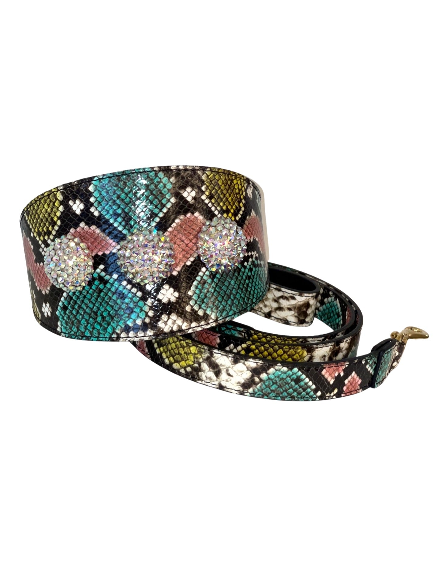 Multi Color Embossed Snake Italian Leather Wide Collar and Leash Set with Swarovski Crystal Rivets