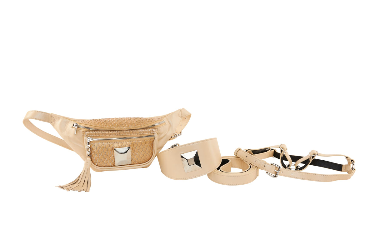 Pearl Beige Italian Leather/Tan Tilapia Fanny Pack With Large Silver by Allysa Payne Beverly Hills - main product image for Resin Society