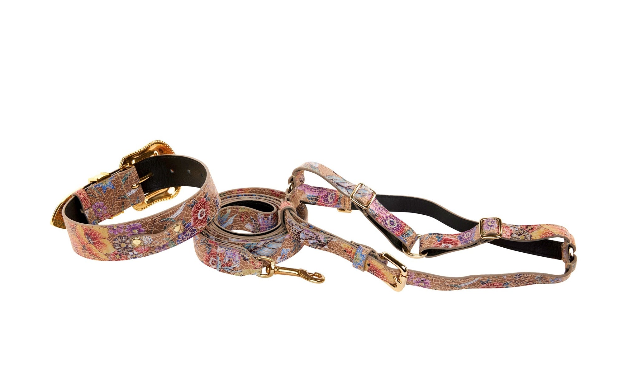 Taupe Floral Mosaic Italian Leather/Swarovski Crystal Collar, Leash, Harness Set