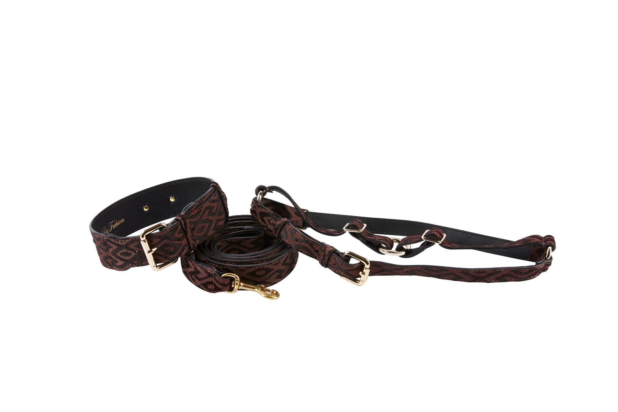 Elegant Black & Brown Pattern Italian Leather Collar & Leash & Harness