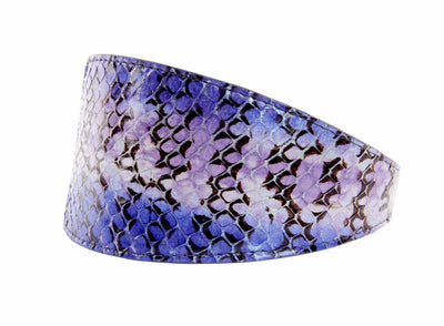 Purple, silver, and black iridescent snake patterned wide pet collar displayed flat.