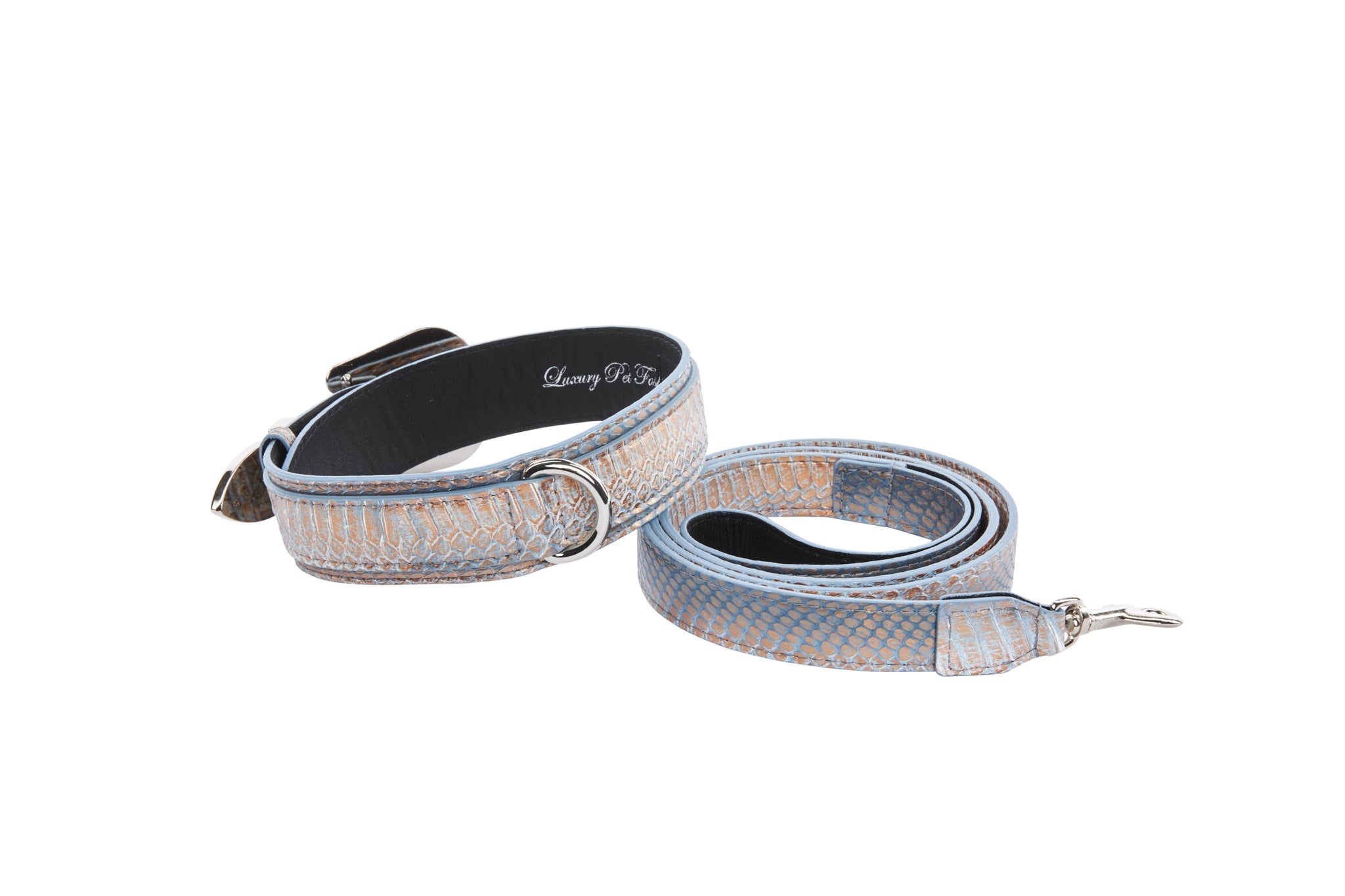 Luxury Pet Fashion Baby Blue/Blue/Bronze Snake Collar & Leash Set, Finished with Silver Floral Western Hardware