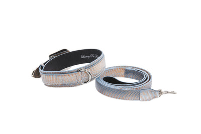 Luxury Pet Fashion Baby Blue/Blue/Bronze Snake Collar & Leash Set, Finished with Silver Floral Western Hardware