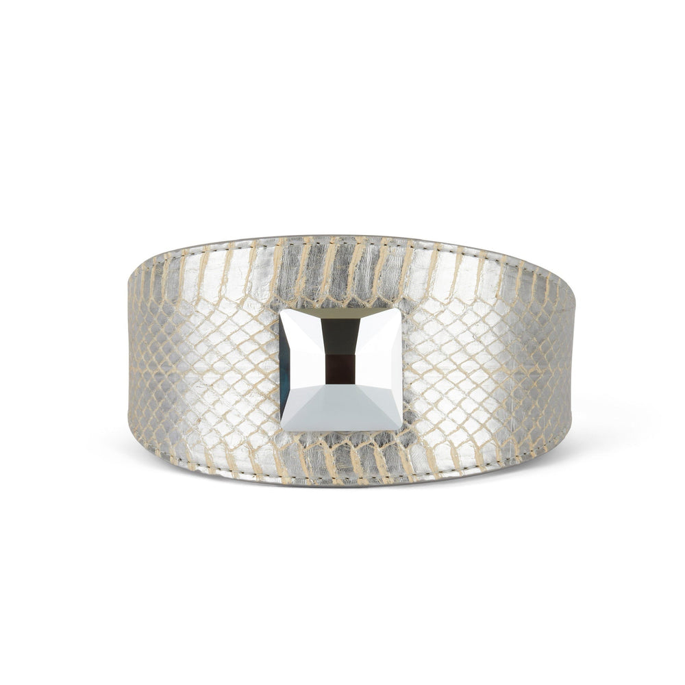 Glamorous Silver Snake 3 inch wide style collar with large silver Swarovski accessory shown flat on white background.