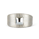 Glamorous Silver Snake 3 inch wide style collar with large silver Swarovski accessory shown flat on white background.