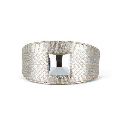 Glamorous Silver Snake 3 inch wide style collar with large silver Swarovski accessory shown flat on white background.