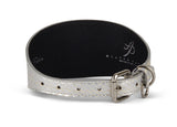 Silver snake-patterned dog collar with black interior lining, featuring a silver buckle and D-ring, shown on a white background.