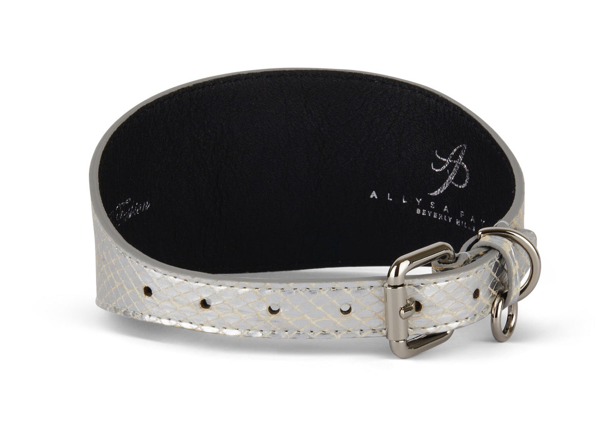 Silver snake-patterned dog collar with black interior lining, featuring a silver buckle and D-ring, shown on a white background.