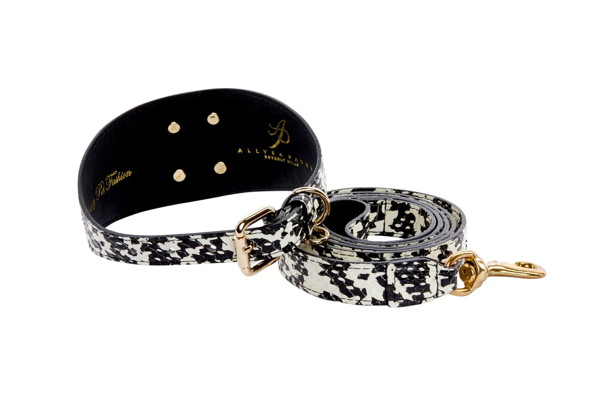 Black and white snake pattern dog collar and leash set with gold metal buckle, rivets, and clasp, featuring a 3-inch width collar detail and rolled leash.
