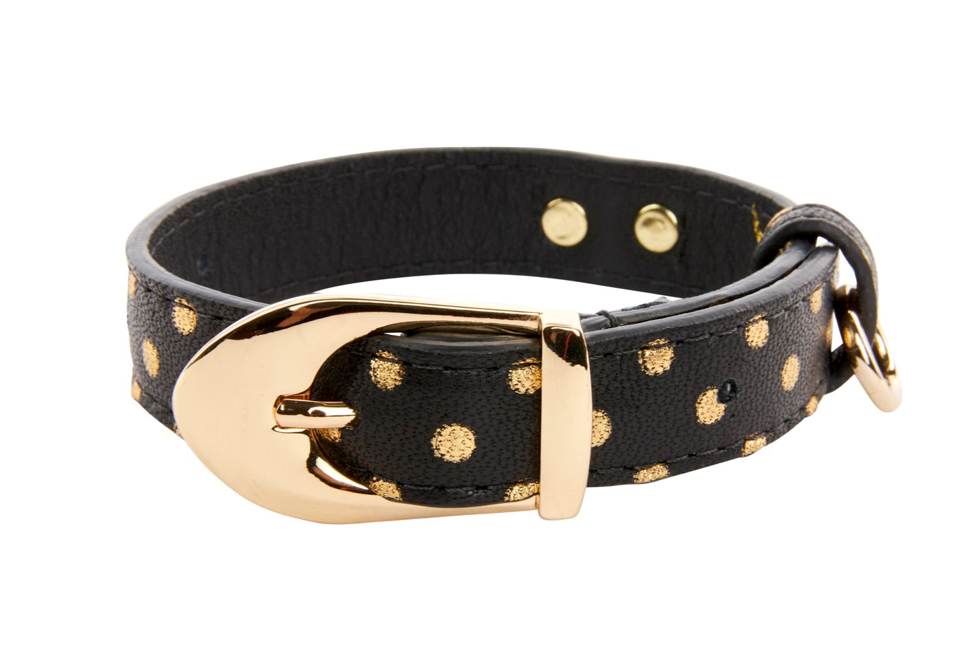 Black leather pet collar with gold polka dots and vintage Italian hardware