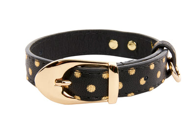 Black leather pet collar with gold polka dots and vintage Italian hardware