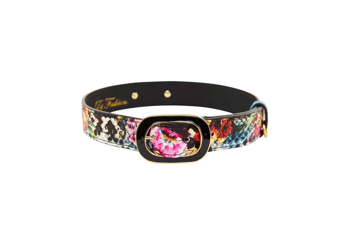 Italian leather collar with a multicolor snake print pattern and pink floral accent around a gold-edged black rectangular buckle.