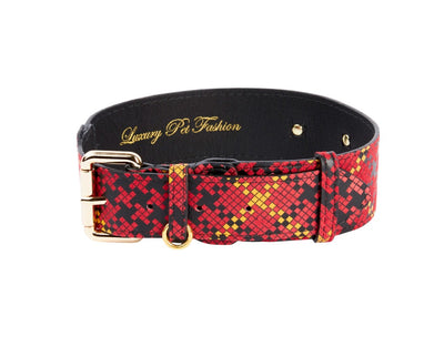 Red, Black & Yellow Elegant Plaid Italian Leather Collar With Gold by Allysa Payne Beverly Hills - main product image for Resin Society