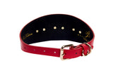 Red Italian leather collar with gold buckle and D-ring, featuring multiple adjustment holes and black inner lining with gold lettering detail.