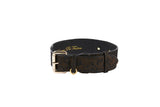 Dark brown and bronze Italian leather dog collar with abstract leopard print, gold buckle, and gold D-ring, shown against a white background.