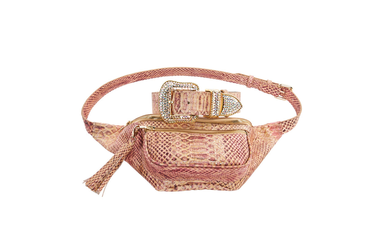 Embossed Snake Italian Leather Belt Bag With Matching Swarovski Crystal by Allysa Payne Beverly Hills - main product image for Resin Society