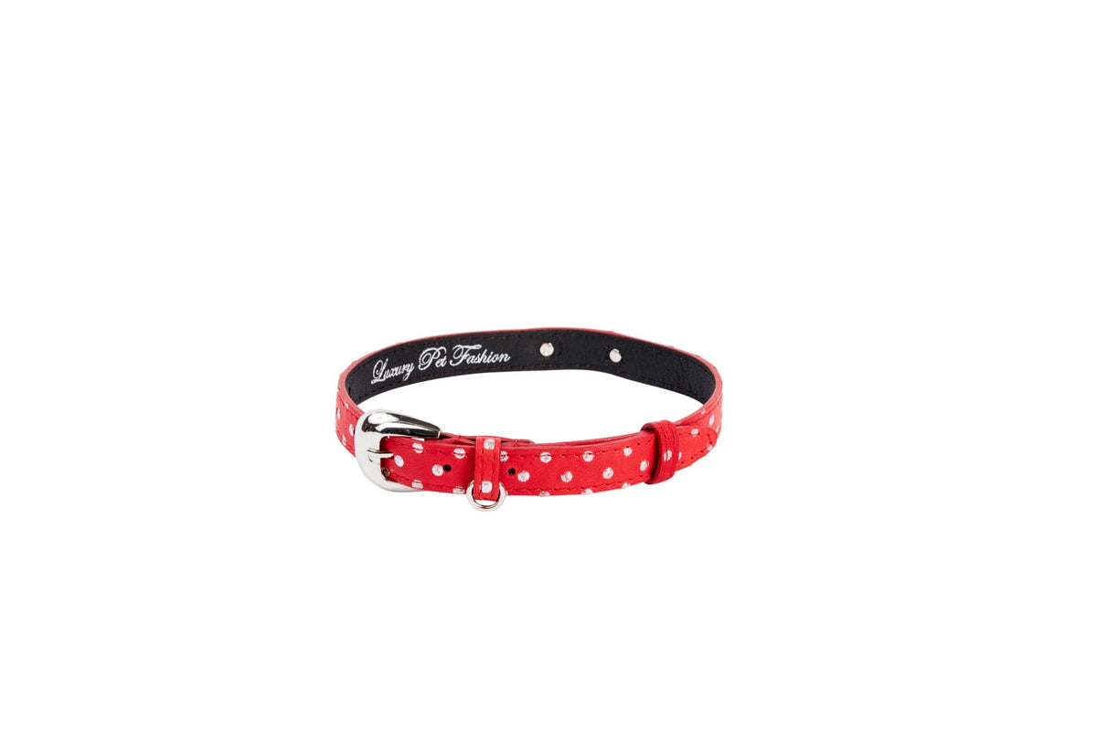 Red leather pet collar with silver polka dots and oval silver buckle, showing adjustable holes and a loop on a white background.