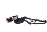 Black navy blue snake-patterned collar, leash, and harness set adorned with gold-tone Swarovski crystal-encrusted hardware including buckle and rings, displayed on white background.