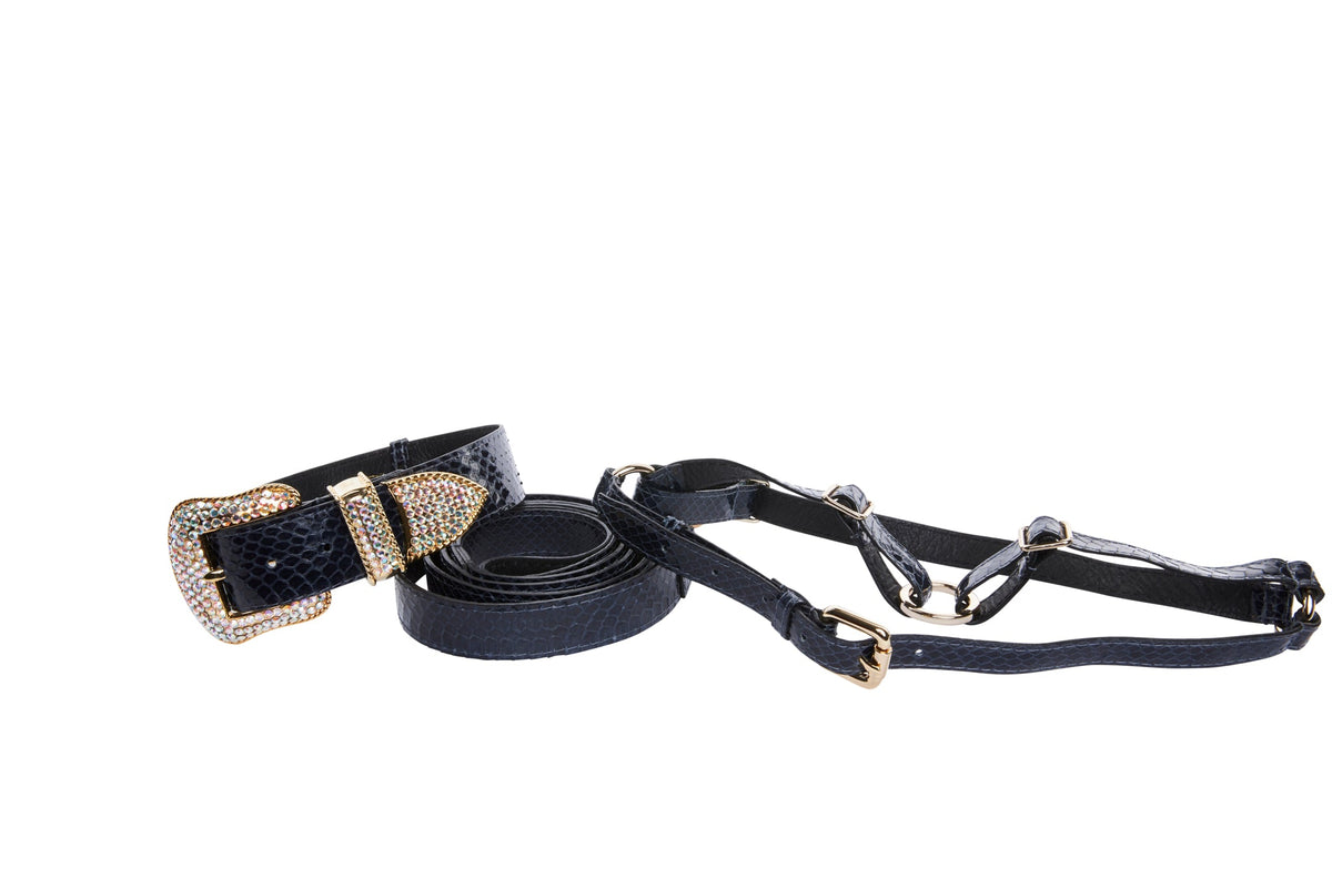 Black navy blue snake-patterned collar, leash, and harness set adorned with gold-tone Swarovski crystal-encrusted hardware including buckle and rings, displayed on white background.