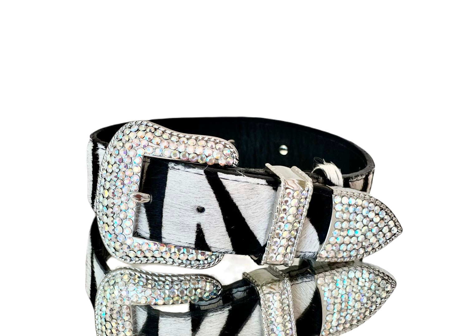 Tiger print Italian leather pet collar with Swarovski crystal hardware displayed flat