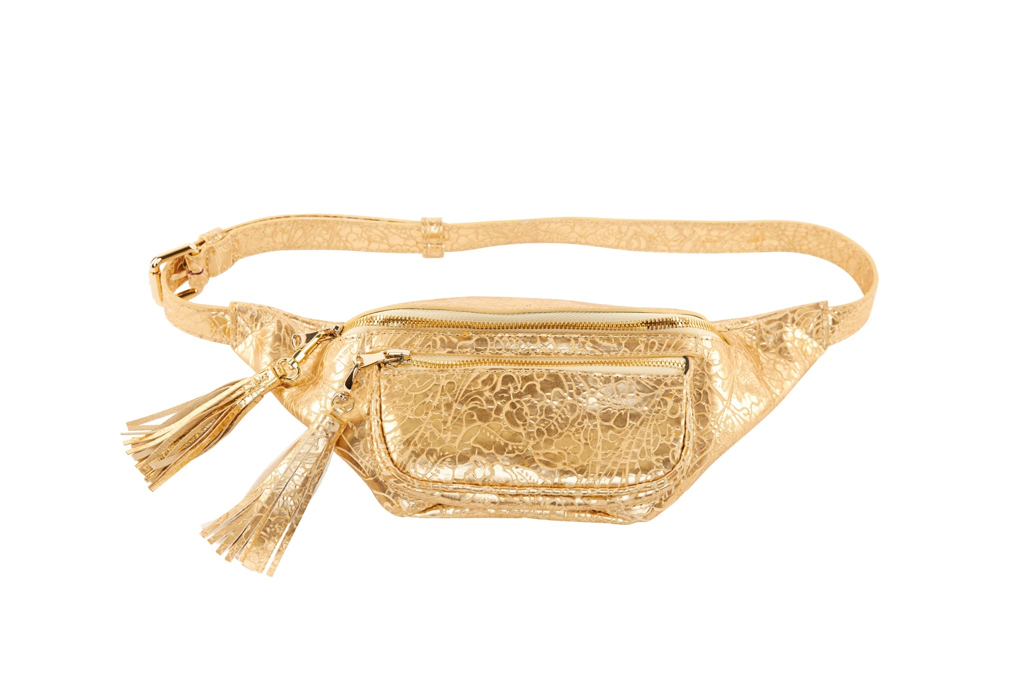 Gold Floral Embossed Italian Leather Cross Body Belt Bag by Allysa Payne Beverly Hills - main product image for Resin Society
