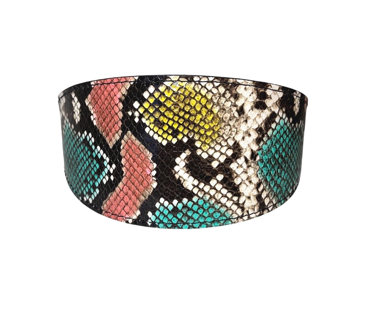 Wide collar with multi-colored embossed snake pattern in teal, yellow, black, white, and coral on Italian leather, shown against a white background.