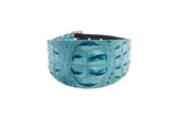 Turquoise 3-inch wide dog collar with embossed croc leather texture and silver buckle hardware, shown front-facing on a white background.