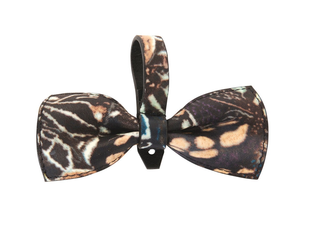Abstract Butterfly Italian Leather Bowtie displayed flat on a white surface
