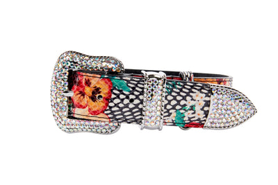 Pansy and Snake Print Embossed Italian Leather/Silver Swarovski Hardware Collar, Leash, Harness Set