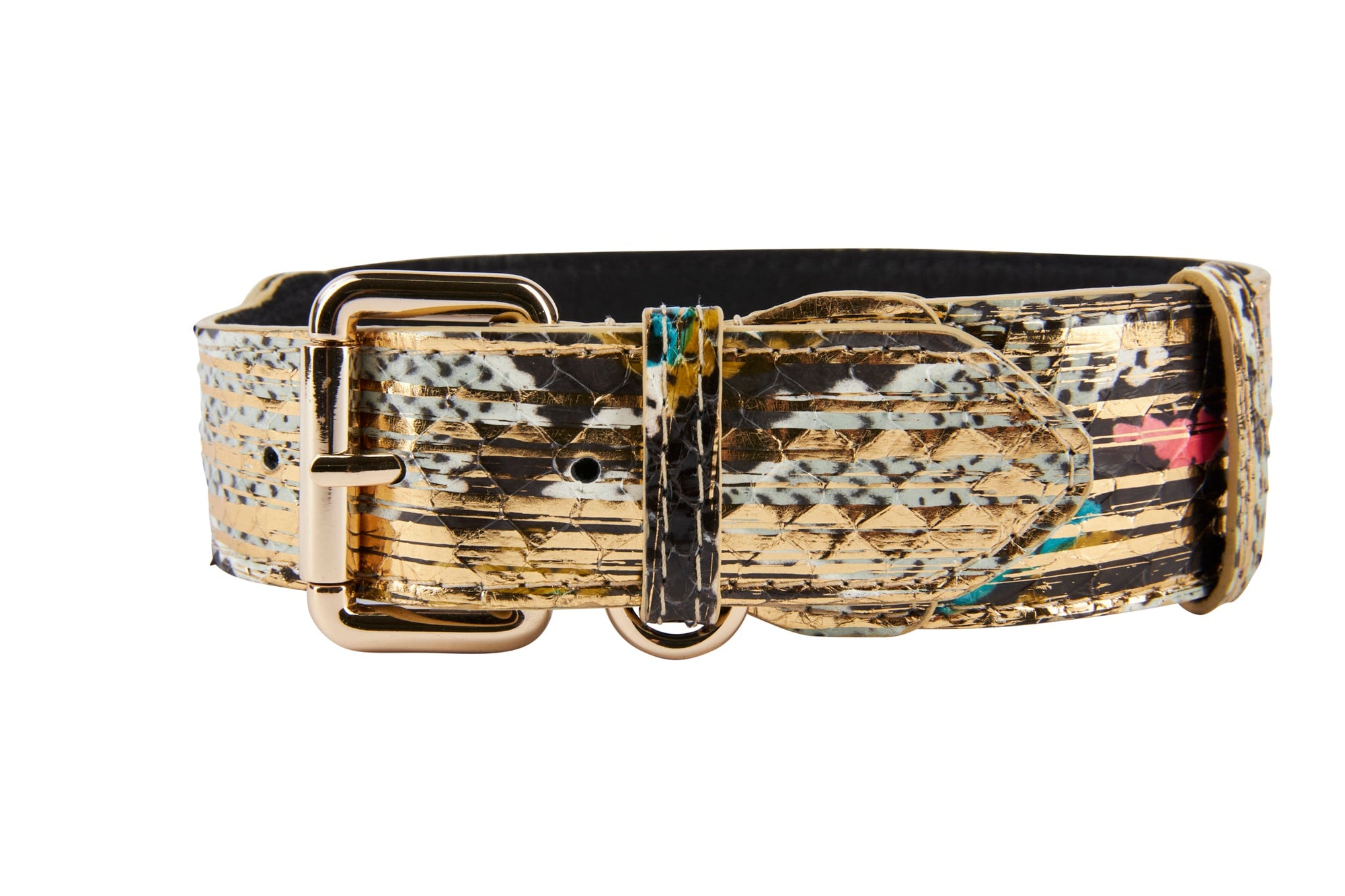 Multi Color Gold Snake Classic Collar from Scottsdale Collection by Allysa Payne Beverly Hills, laid flat showing metallic snake pattern