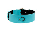 Turquoise blue leather dog collar with silver buckle and D-ring hardware, showing clean stitching and smooth finish on a plain white background.