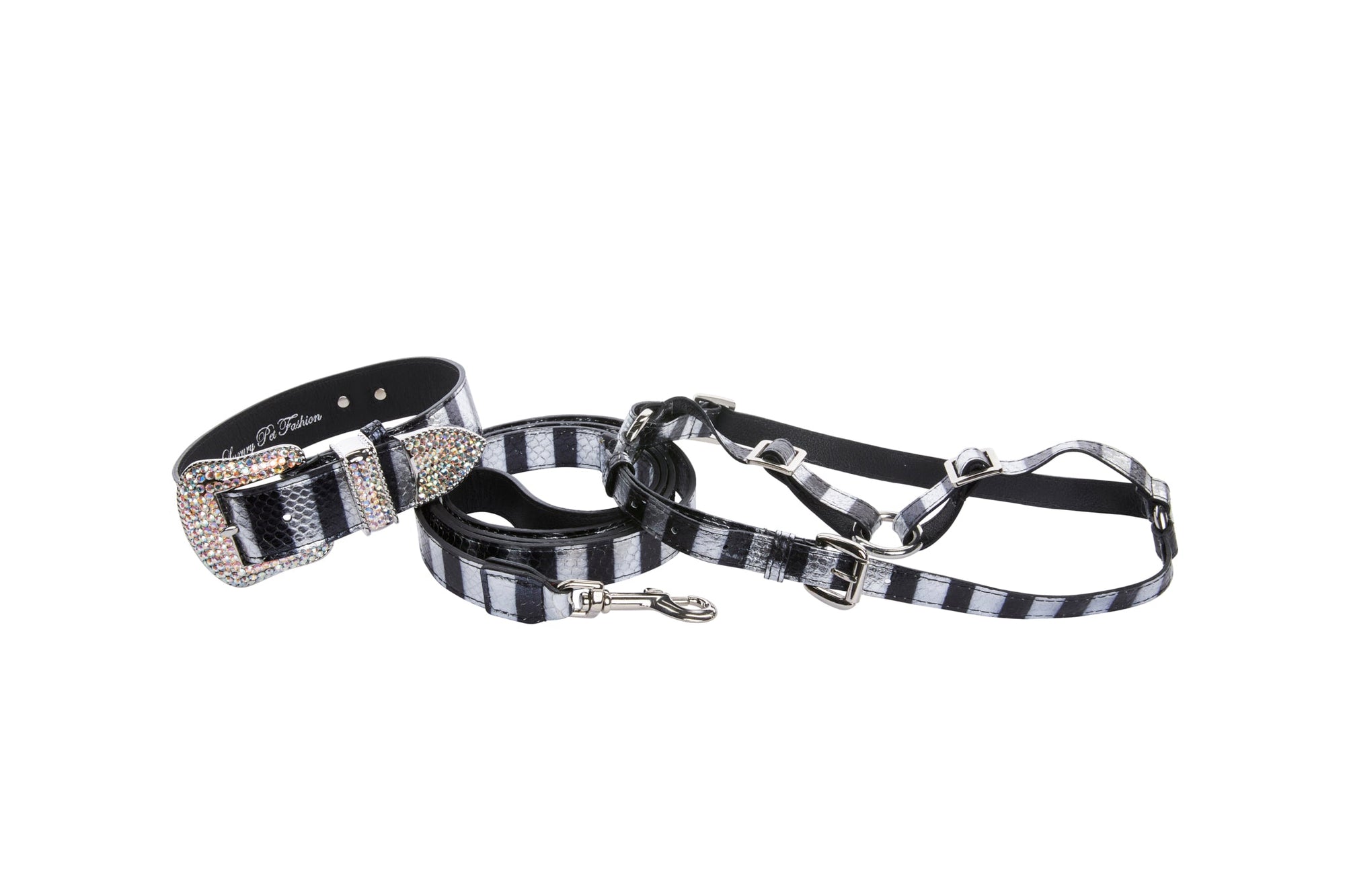 Black and silver striped snake-patterned pet collar, leash, and harness set with Swarovski crystal hardware