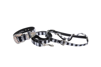 Black and silver striped snake-patterned pet collar, leash, and harness set with Swarovski crystal hardware
