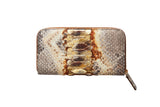 Rectangular zipper wallet with a neutral brown and gold snake skin pattern featuring raised central scales and textured sides.