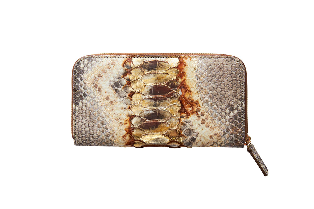 Rectangular zipper wallet with a neutral brown and gold snake skin pattern featuring raised central scales and textured sides.