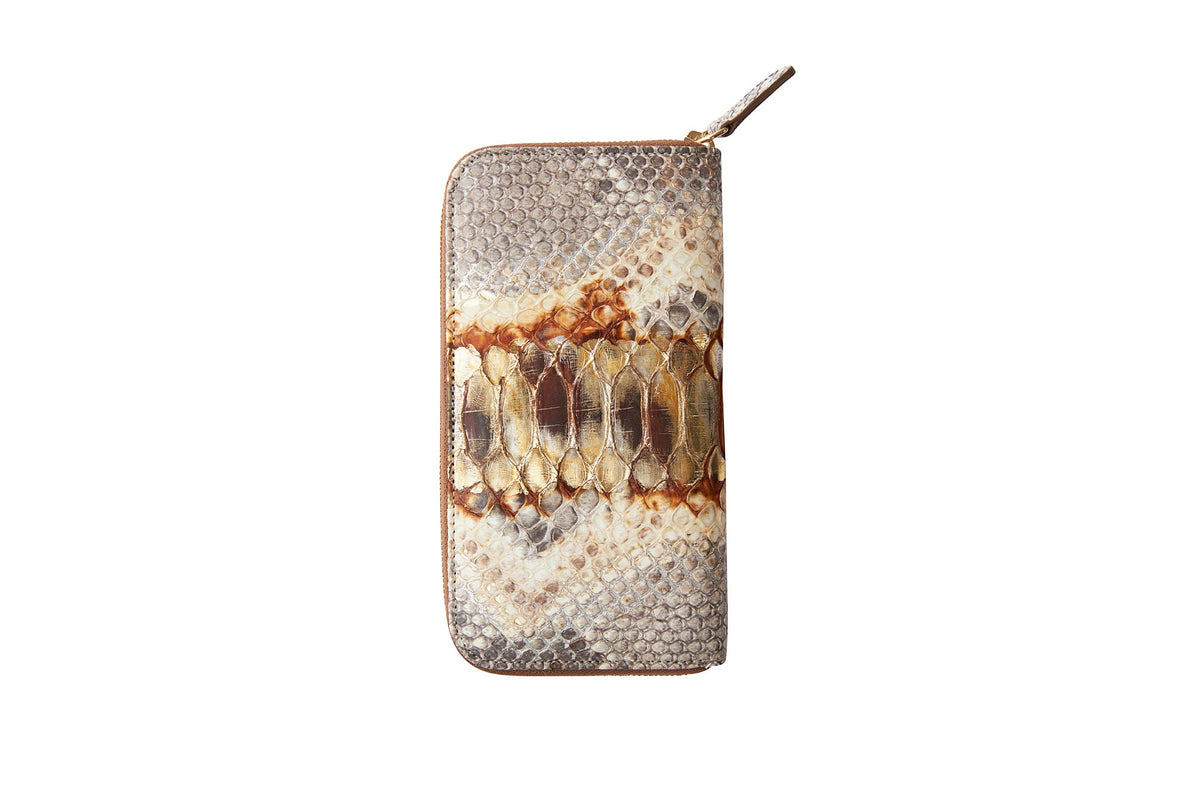 Rectangular neutral-toned wallet with a central strip of gold and brown snakeskin texture and a top zipper extending from the side.