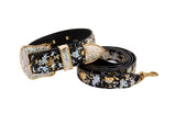 Black snake collar and leash set with gold and silver iridescent foil details, featuring a gold and rhinestone-encrusted buckle and leash hardware.