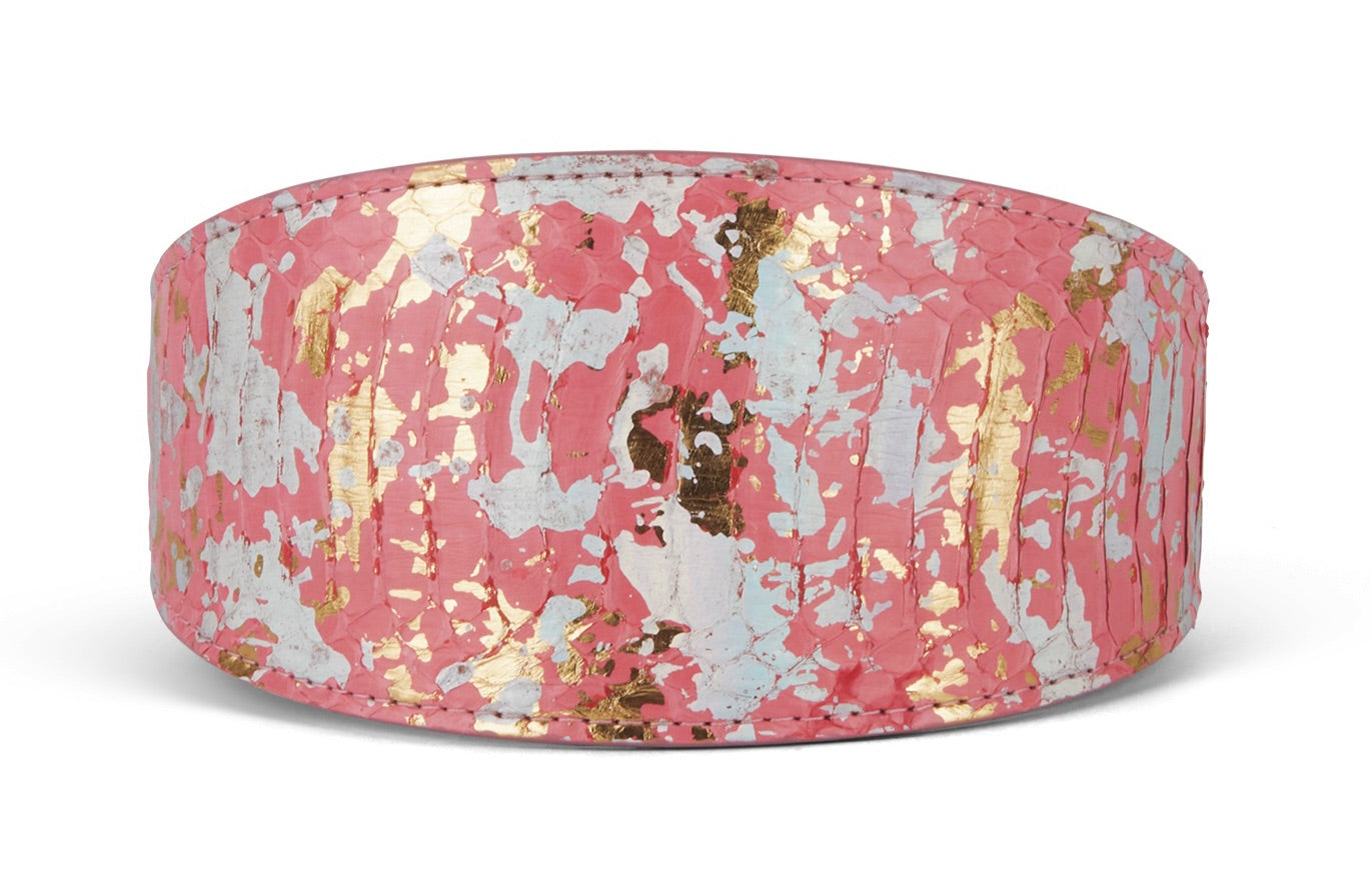 Iridescent Art Deco style wide collar featuring pink, gold, and silver tones