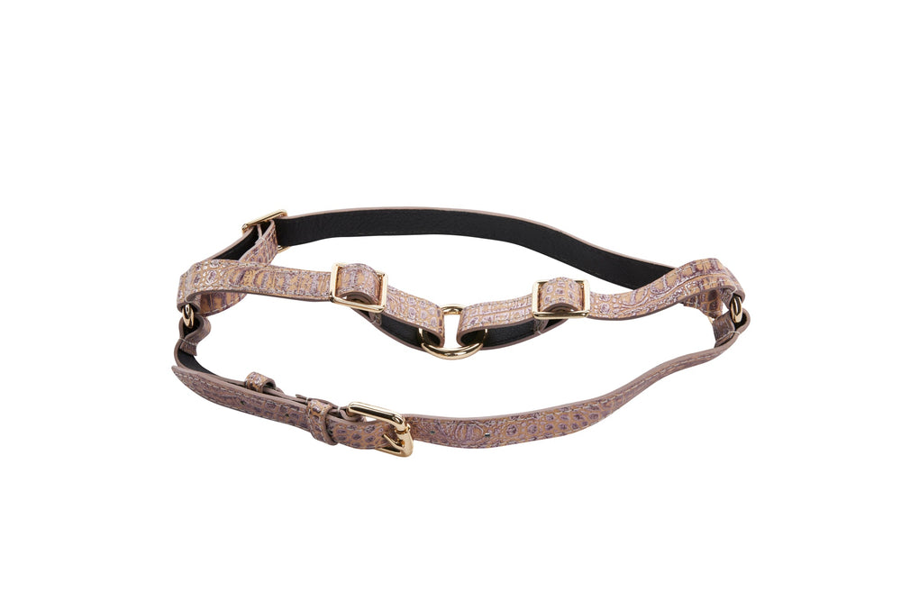 Pink, purple, and silver embossed crocodile Italian leather harness with multiple adjustable gold-tone buckles and a black elastic strap section.