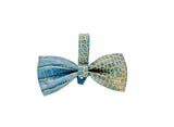 Blue and gold croc-embossed leather bow tie with a textured pattern, shown from above against a white background.