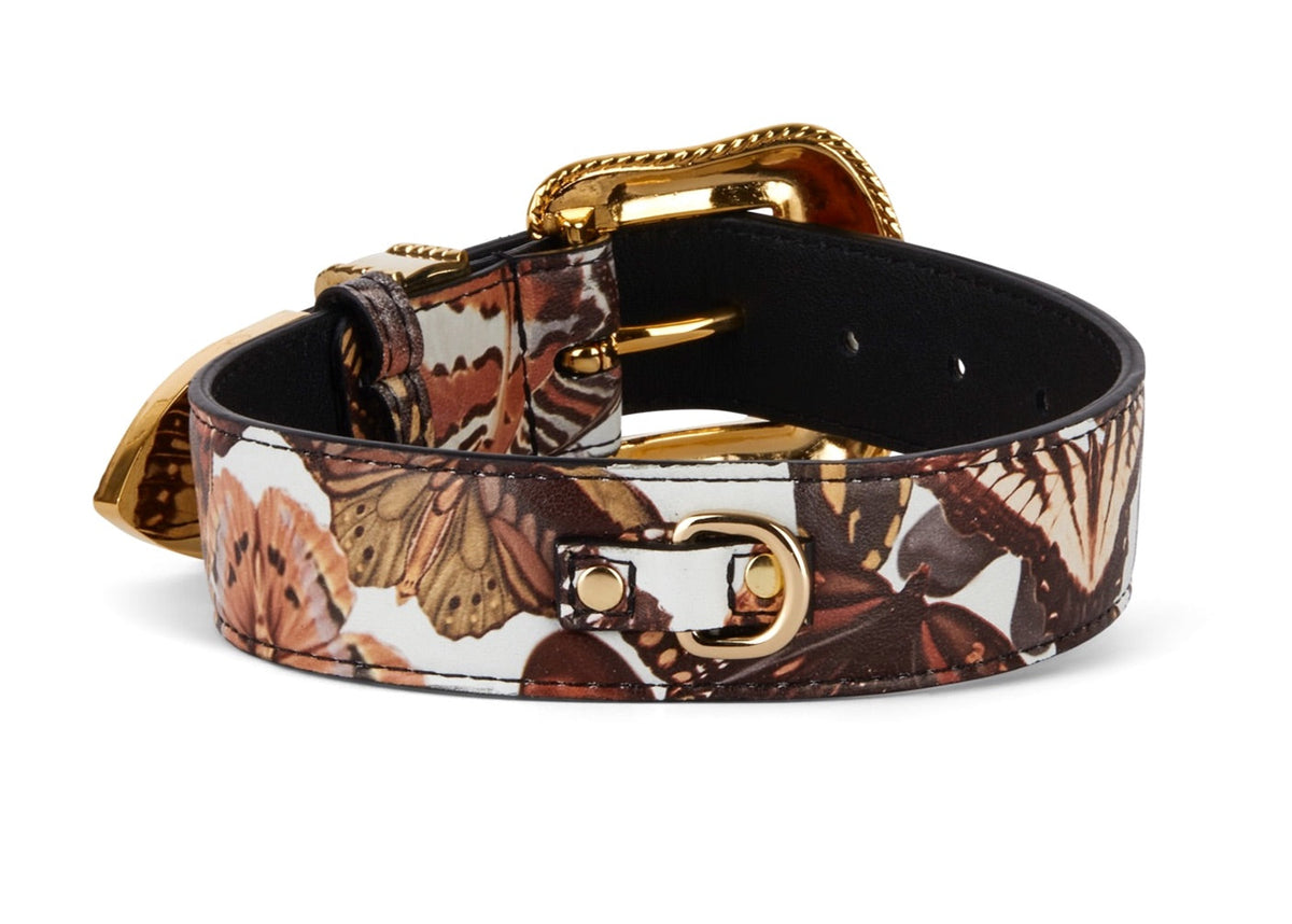 Leather collar with brown and beige butterfly print and polished gold-tone buckle and D-ring hardware, shown coiled against white background.
